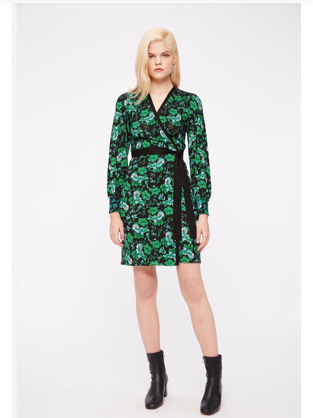 Diane Von Furstenberg Black Wrap Dress with Green Floral Print